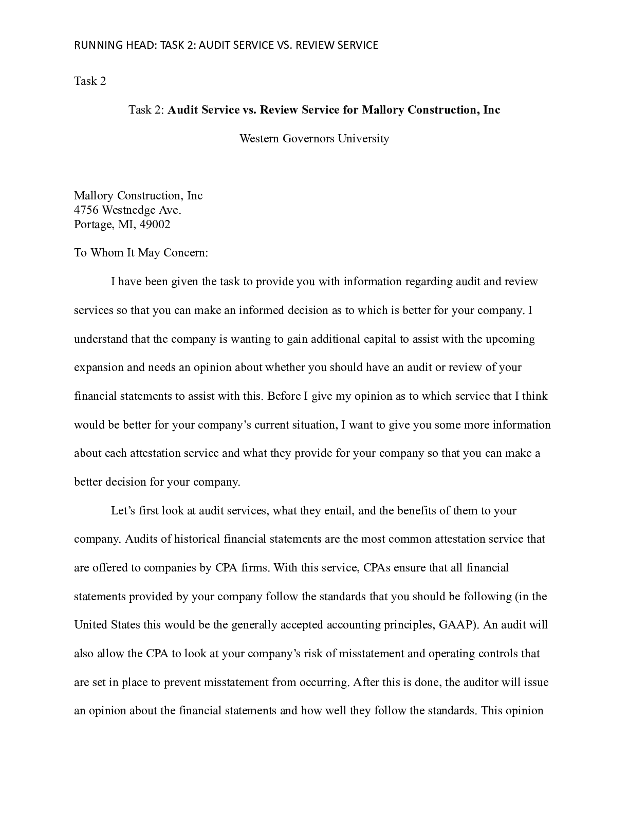 Preview image of Task2.docx (2)  Task 2  Task 2: Audit Service vs. Review Service for Mallory Construction, document